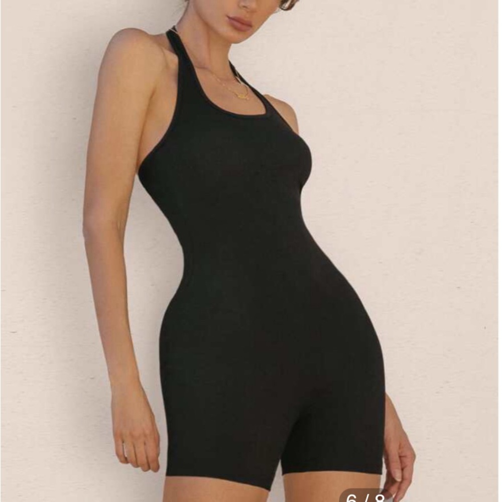 Black, ribbed, halter shorts romper